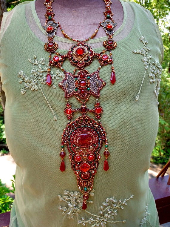 Items similar to Bead embroidery necklace Jewel tones carnelian stones, vintage amber glass