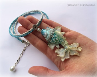 Polymer clay pendant with turquoise fish- jewelry - marine necklace - gift for mother - boho jewelry - sea - mothers day - summer