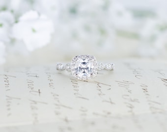 SALE - Art Deco Engagement Ring - Cushion Cut Ring - Halo Engagement Ring - Wedding Ring - Promise Ring - Sterling Silver - 1.3 Carat