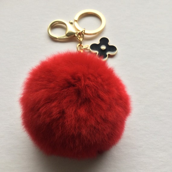 Red fur pom pom keychain REX Rabbit fur pom pom ball with