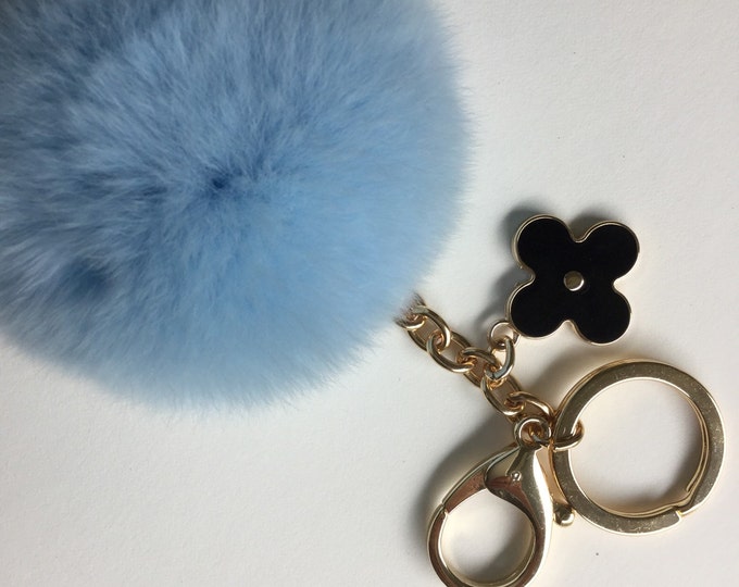 Baby blue fur pom pom keychain REX Rabbit fur pom pom ball with flower bag charm