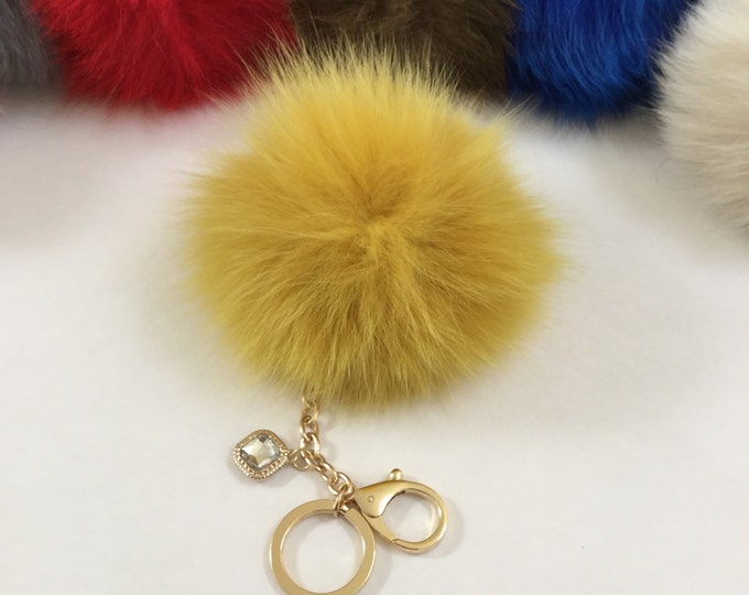 Rusty Yellow Fox Fur Pom Pom keychain ball luxury bag pendant with clear crystal charm