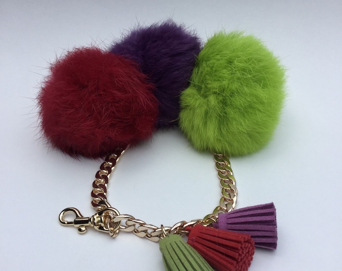 Trio rabbit fur pom pom corsage Bag Charm Totem