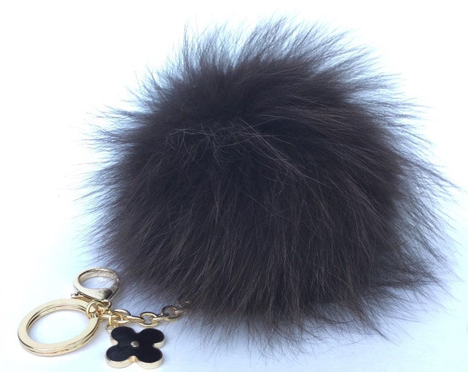 Dark Brown Pompon bag charm pendant Fur Pom Pom keychain with flower charm