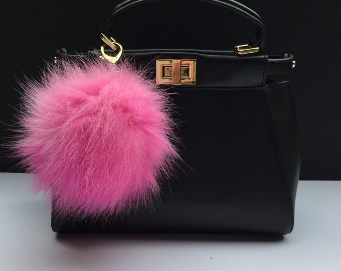 Large size Pompon bag charm pendant Fox Fur Pom Pom keychain in deep gradient hot pink color tone