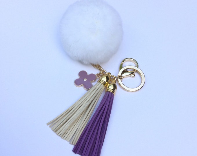Fur pom pom keychain bag, purse pendant charm in crisp white with two 3.5 inch leather tassels