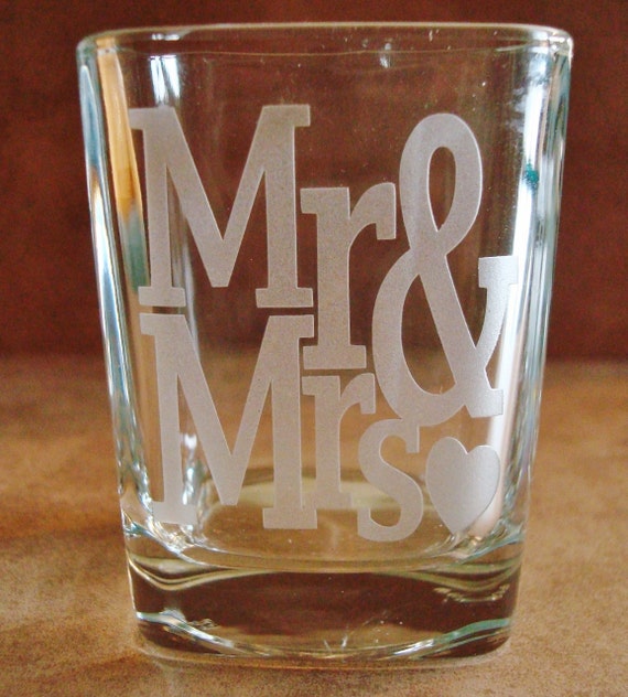 Pair of Mr and Mrs Square Shot Glasses Sand Carved for a deep