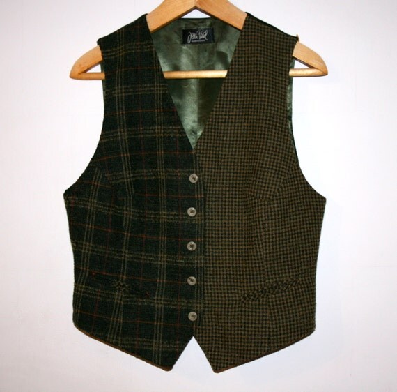 Green Brown Checkered Wool Plaid Women Vest Romantic Cottage