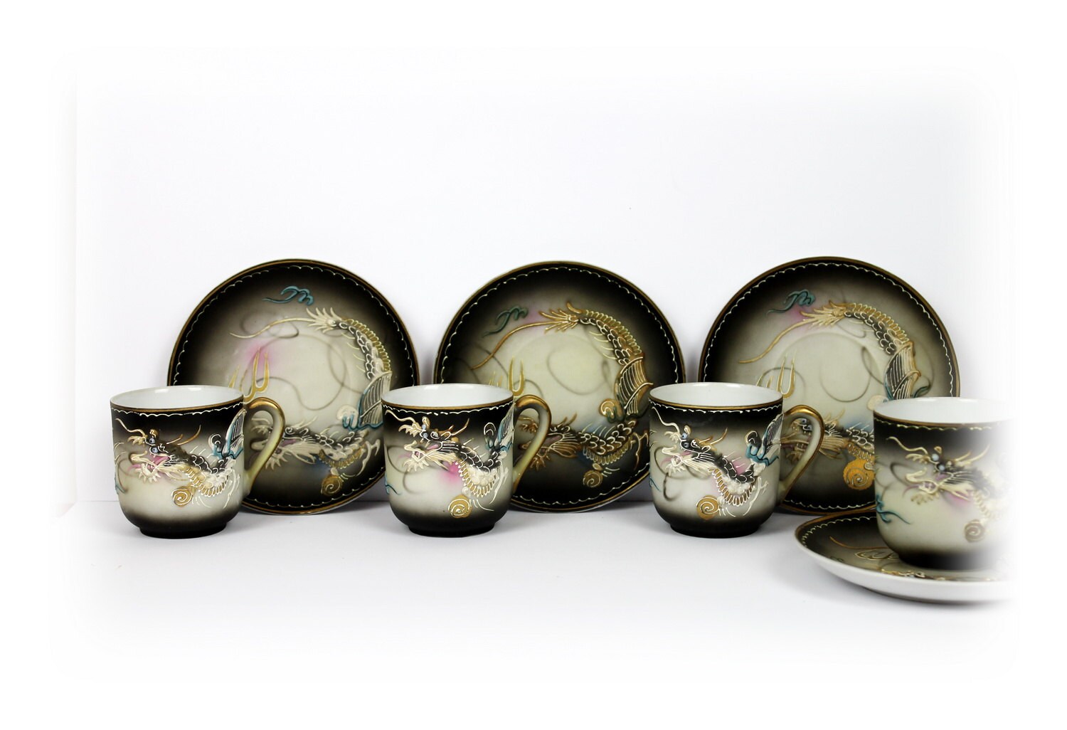 Lithophane Tea Set Geisha Dragonware Vintage Kutani Japanese