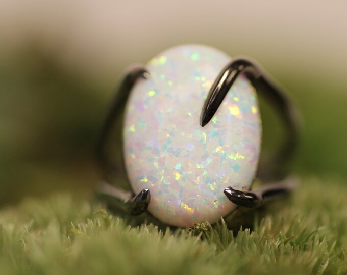 White Opal ring - Black gold ring - White stone ring - White - Silver ring - Manmade opal - Opal jewelry - Cosmic -...