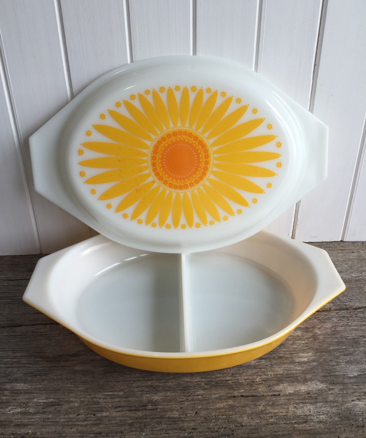 Pyrex USA Sunflower split casserole dish Haute Juice