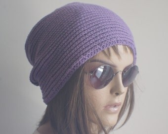 Purple Cotton SLOUCHY Beanie Hat Crochet Chemo Cap - Purple Chemo Hat Womens Cancer Slouch Beanie