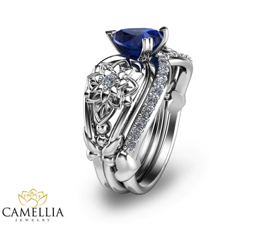Blue Sapphire Engagement Ring Set 14K White by CamelliaJewelry