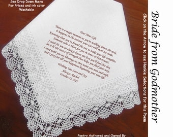 Gift for the Bride Hankie from Her Godmother ~ 0609 Sign & Date Free! 5 Brides Handkerchief Styles and 8 Ink Colors. Brides Hankerchief