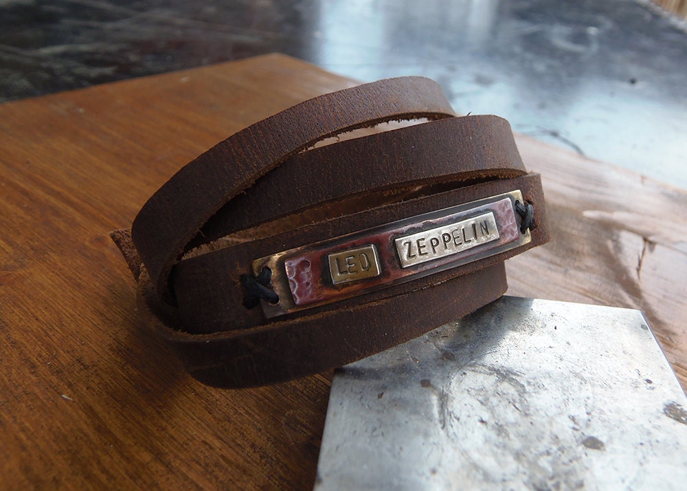 Rock band bracelet Handmade leather bracelet with a bronze