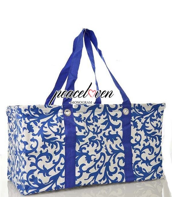 Monogrammed Blue Damask Print Utility Tote