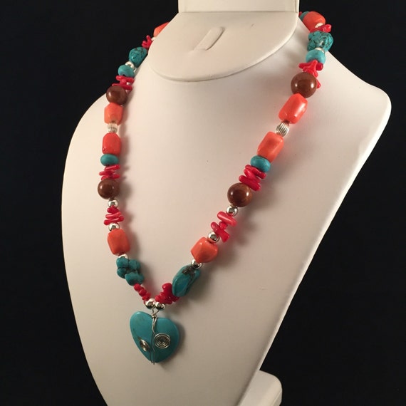 Turquoise and Coral Necklace turquoise and coral bead