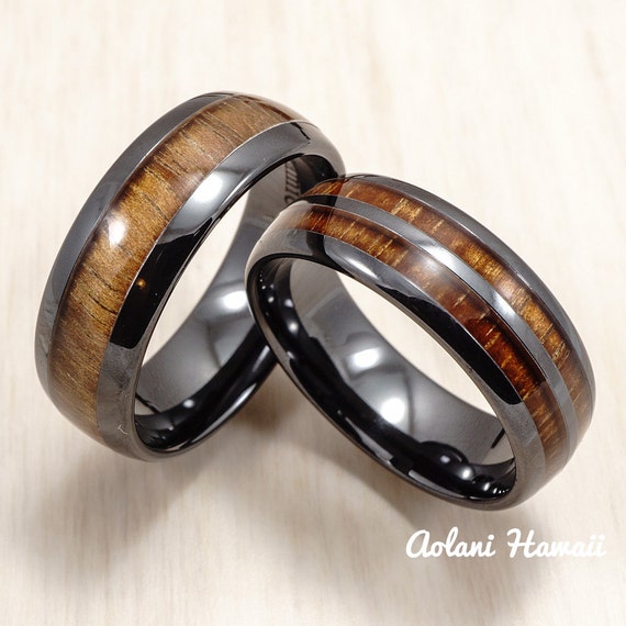 Wedding Ring Set - Black Ceramic Ring with Koa Wood Inlay (8mm  8 mm ...