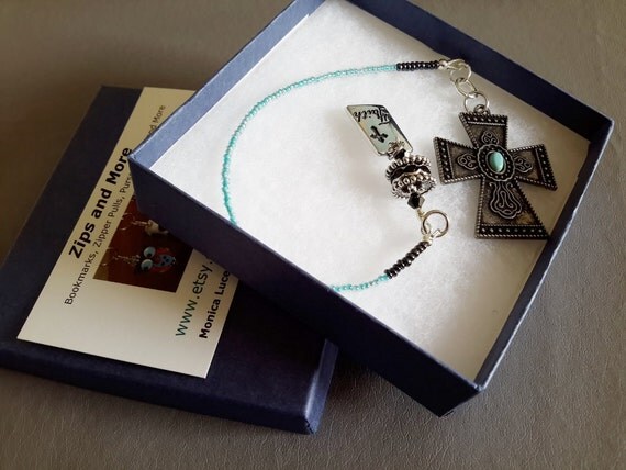 Christian Cross Bookmark with Blue Seed Beads and Large Metal