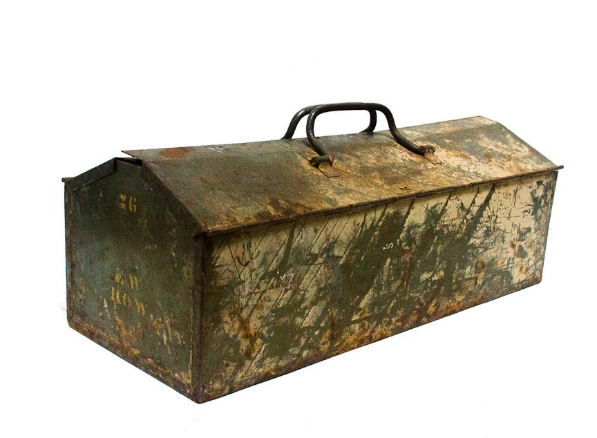 Vintage Army Tool Box Green Metal ToolBox Industrial Tool