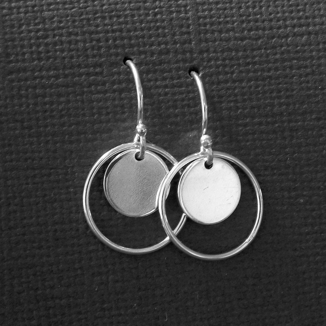 Sterling Silver Hoop Earrings Disc Dangles 14mm Hoop with