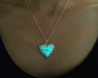 Aqua Glow in the Dark Necklace/ Heart of aqua glow in a dark/ Aqua Glowing Necklace/ Glowing Jewelry/ Glow in the Dark Jewelry