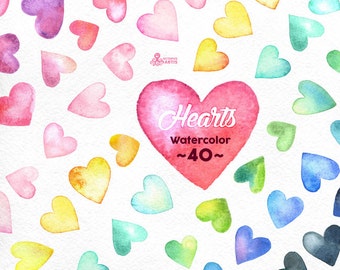Watercolor Hearts Clipart: 40 Digital files in 8 colors, different hand painted multicolored watercolour separate hearts, elements in png