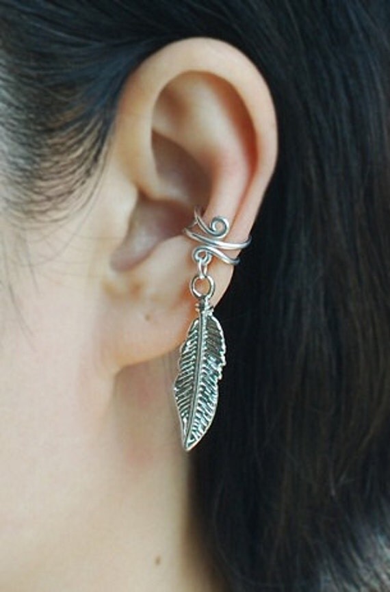 Items similar to Feather charm Ear Cuff, Ear Jacket, Ear Wrap,Non
