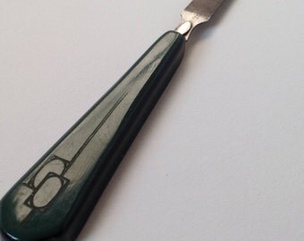 Antique Art Deco Nail File /Vintage Metal Manicure Tool/Letter Opener/ Dark Green Handle File/ Vanity Table Display/Grooming Accessories/