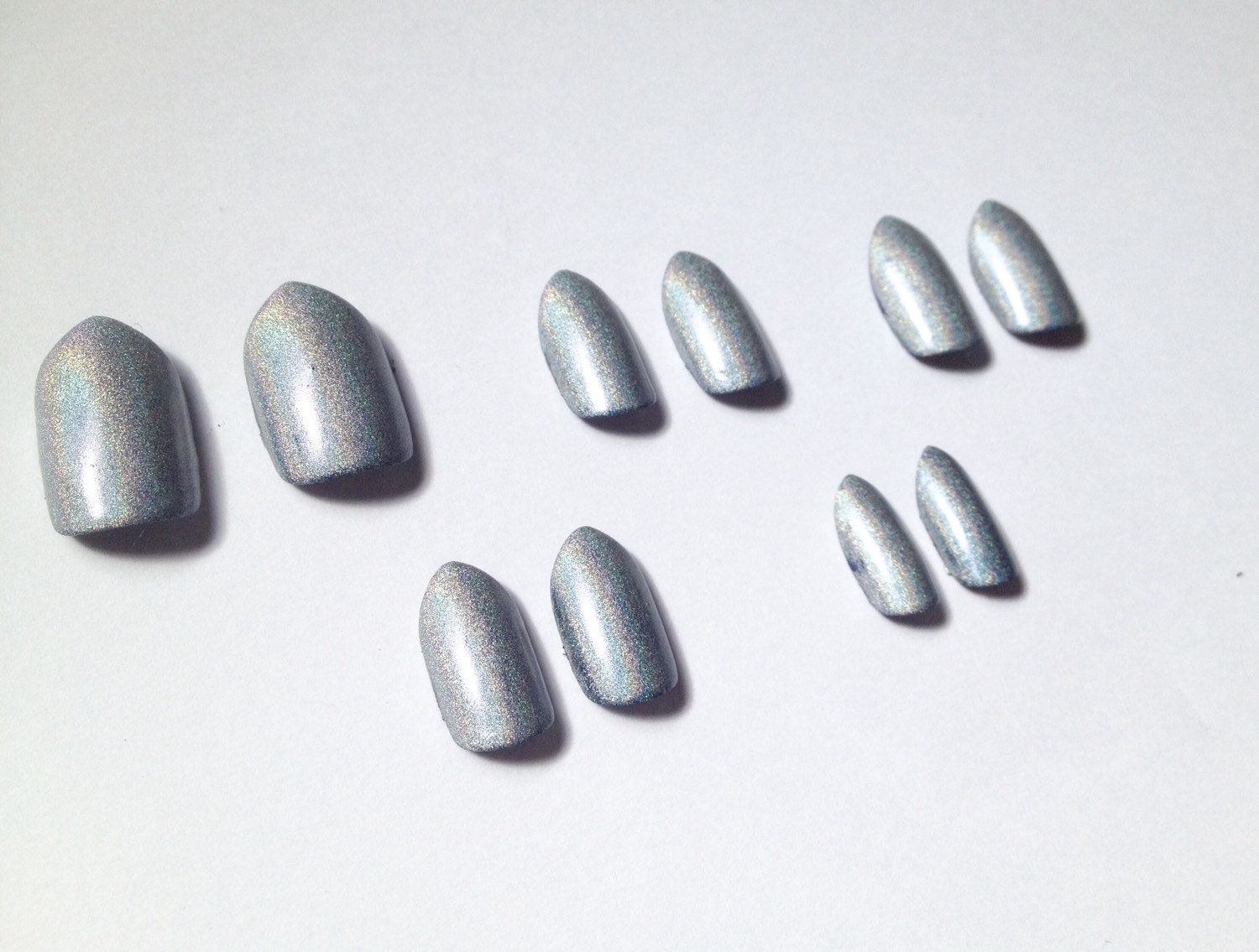 Silver Holo Holographic Glossy Stiletto Press On False Nails Fake Nails ...