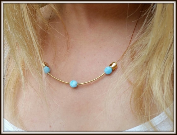Delicate Turquoise Necklace, Golden Funky Necklace, Dainty Blue Necklace, Chunky Womens Necklace, Blue Bar Necklace, Teenage Girl Necklace
