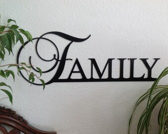 Family wall hanging, metal family sign, the word family in metal, black with a hint of sparkles. Lg Family sign - 40, Sm Family sign 20.