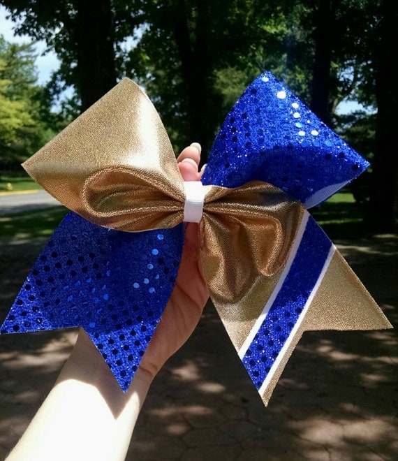 Royal blue and gold cheer bow fabric cheer bow by CraftyOhBows