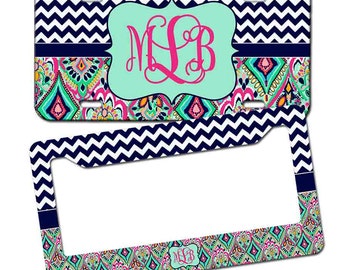 Monogrammed License plate - Lilly Pulitzer Inspired , Personalized Monogrammed License Plate Car Tag , Monogram License Frame