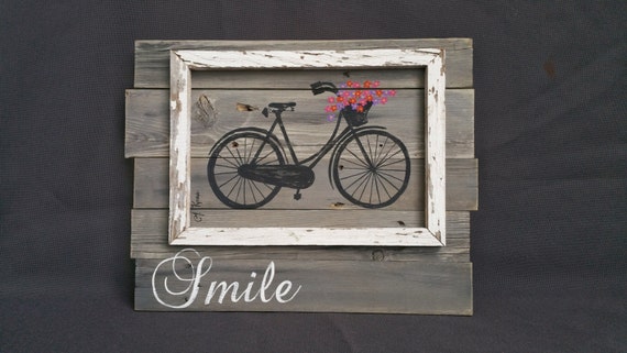 Reclaimed Wood Pallet Bike Painting, wall Art, Bright Handpainted Daisies antique bike, barn wood sign, Distressed, Rustic Shabby, Summer