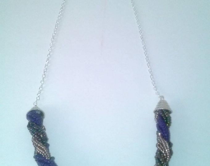 Purple Green Rust Cluster Braided Beaded Sliver Chain Link Necklace