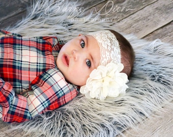 2" ivory stretch lace headband with ivory lace flower, Photo Prop, Baby/Toddler (Buy 3 get 1 FREE!!)