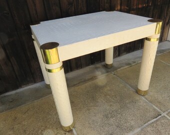 Karl Springer Mid-Century Modern Embossed Alligator Leather Side Table With Brass Caps And Rings.