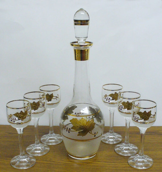 Frosted Glass Decanter Set With Gold Gilded by PickedWithPassion