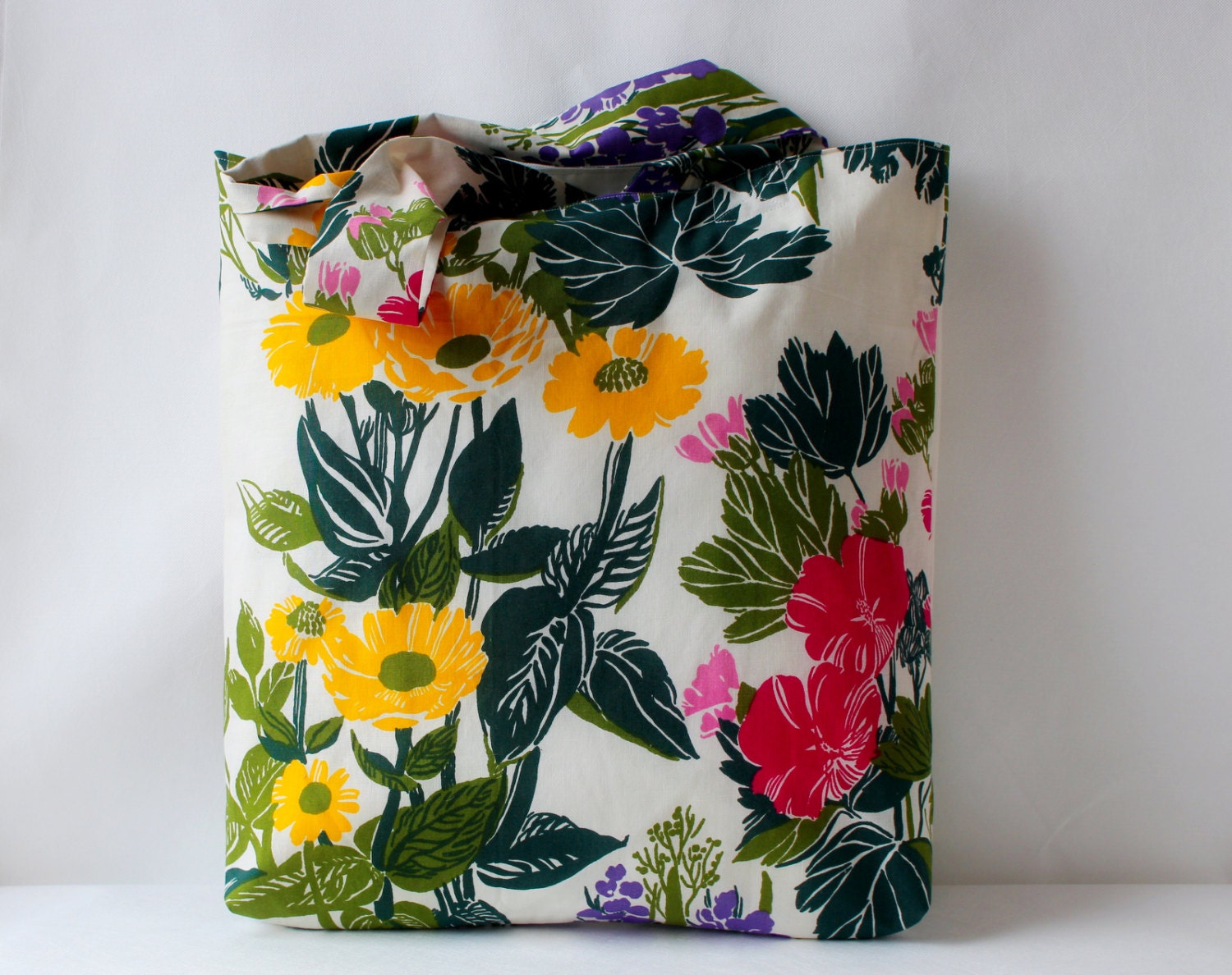 Large Floral Tote Bag 100% Cotton Bag Grocery Reusable Bag