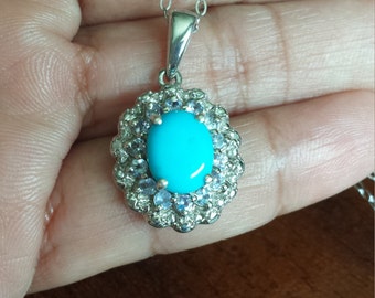Arizona Sleeping Beauty Turquoise (Ovl 1.85 Ct), Tanzanite, Diamond Pend With Chain (20 in) in Sterling Silver