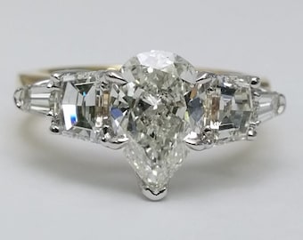 2.04 Carat Total Weight Pear Diamond Engagement Ring, Cadillac and Bullet Side Stones