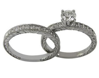 Diamond Wedding Set In 14k White Gold With Engraved Decoration & Milgrain Accent