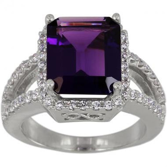 Amethyst Emerald Cut Vintage Ring Pave Diamonds Amethyst Ring