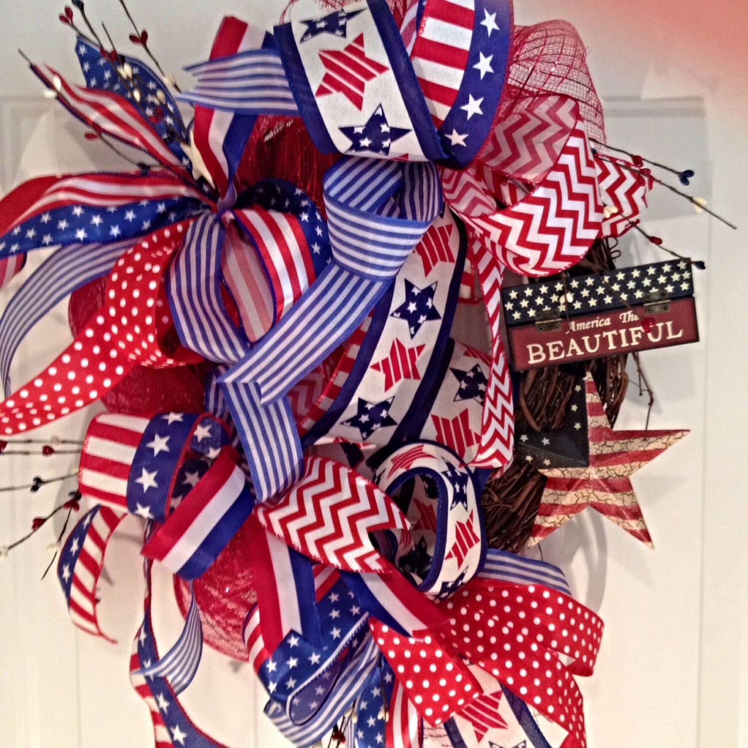 Summer Patriotic Wreath Ribbon Wreath Summer by LadySlipperWreaths