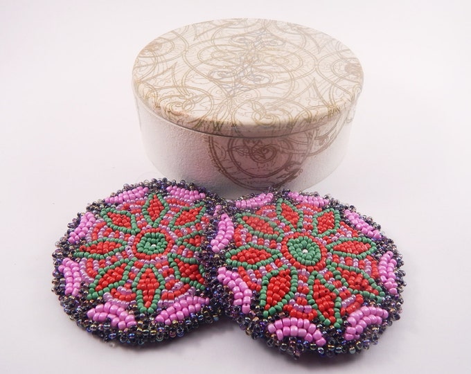 Gul i peron / pair of beaded medallion / tribal talisman / handmade disk / embroidered patch / ats costume detail