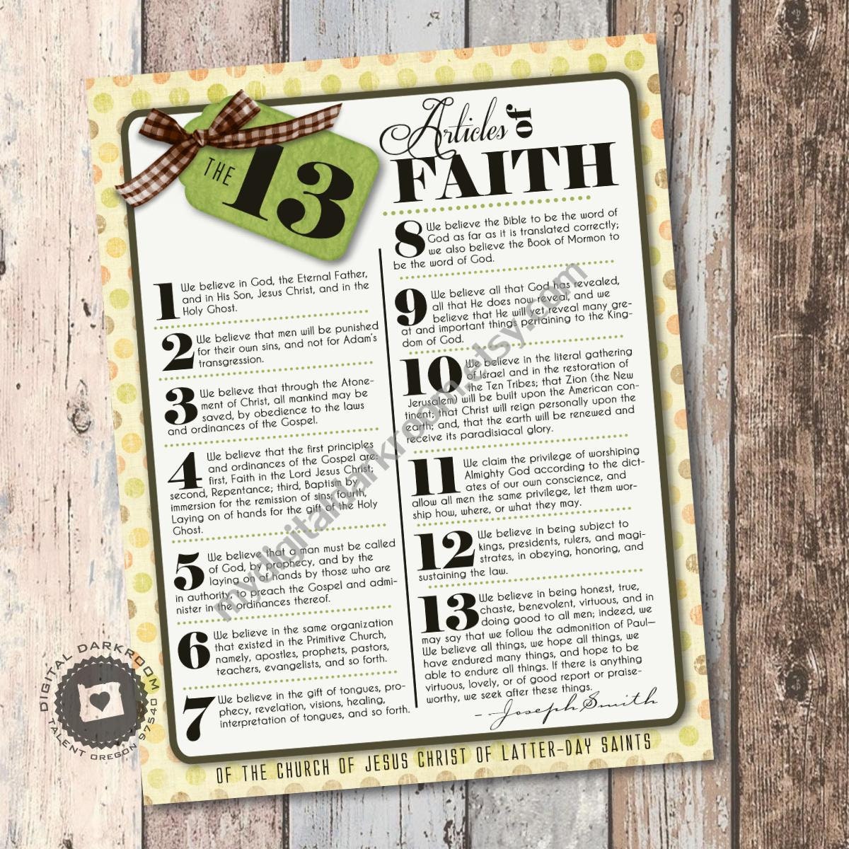 LDS Articles of Faith Poster Printable up to by myDigitalDarkroom