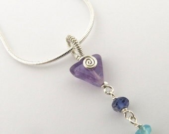 Amethyst Triangle with Spiral Chakra Necklace Sterling Silver Seven Gemstones