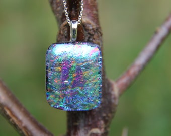 Turquoise and pink dichroic glass pendant , dichroic glass necklace
