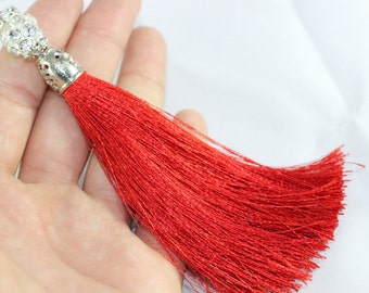 5 Pcs Red Silky Thread Tassel, Beaded Tassel Necklace, 130 mm Tassel Pendants with Swarovski Stones